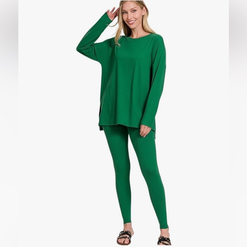Zenana lounge all day crew long sleeve brushed microfiber set dark green small